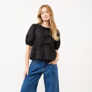 The Sophia Front Bow Blouse with Puff Sleeve in Black