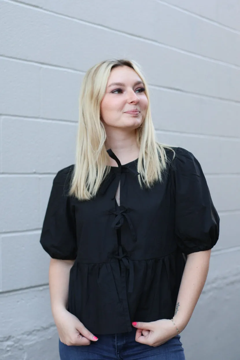 The Sophia Front Bow Blouse with Puff Sleeve in Black