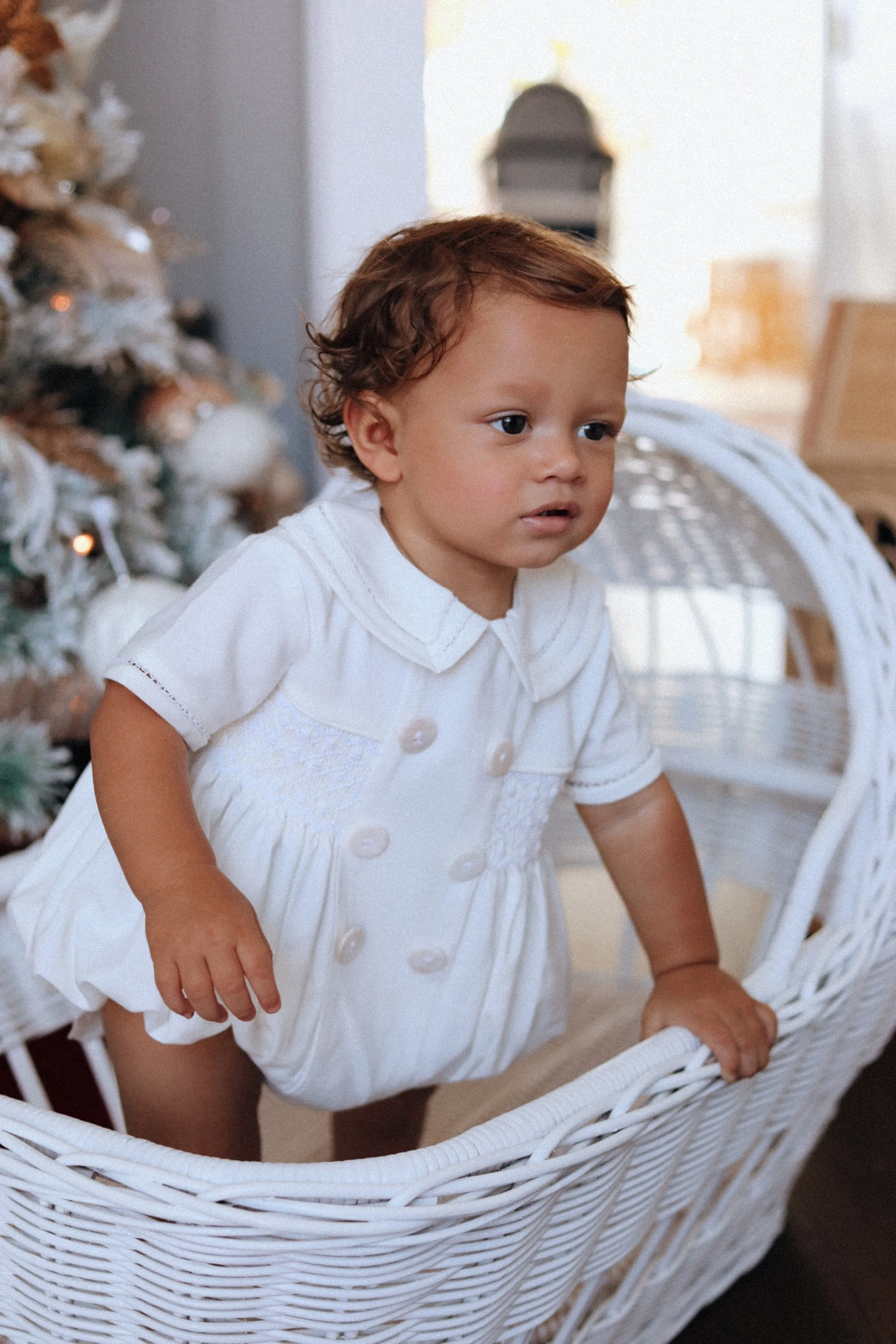 Theodore Handsmocked Linen Romper
