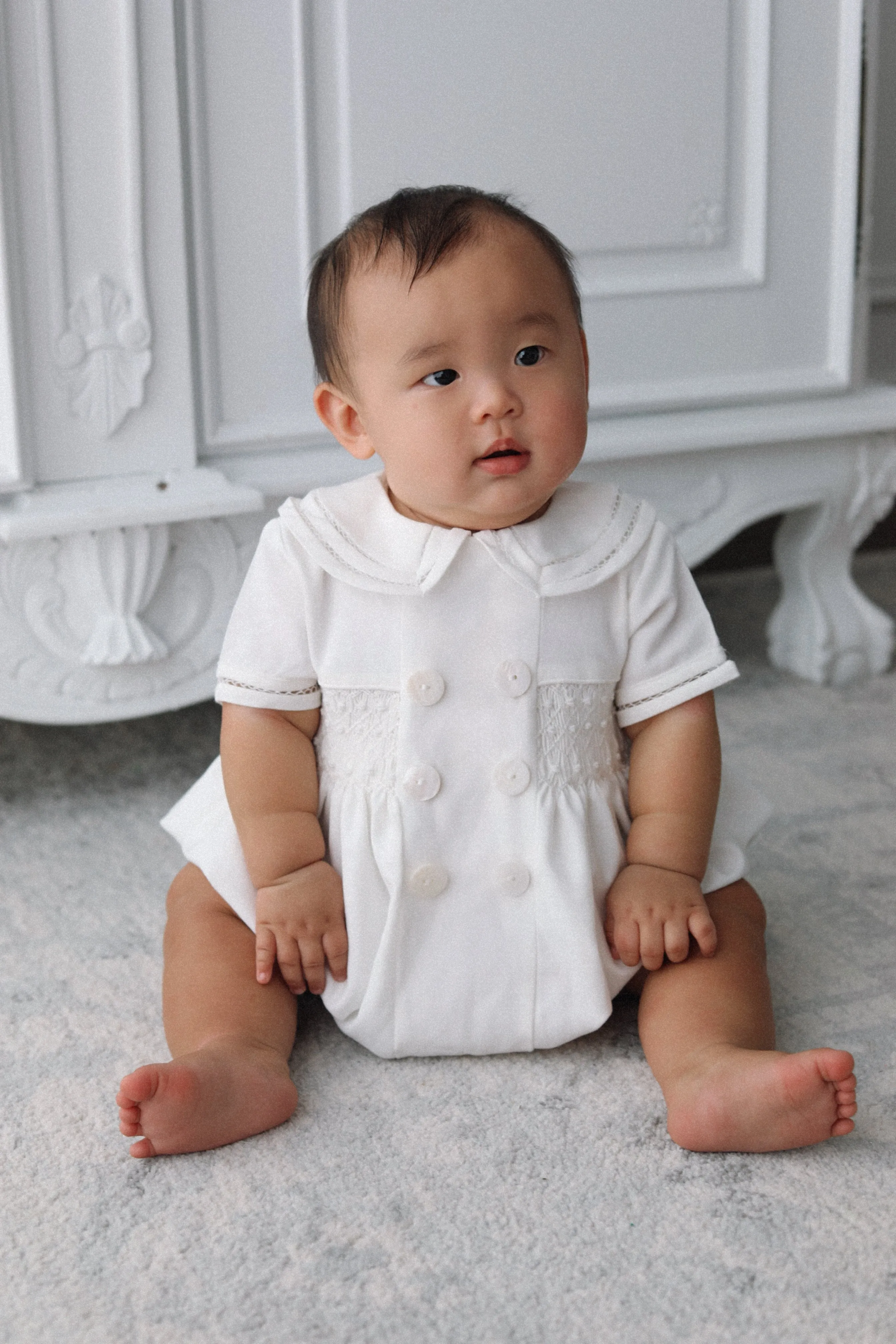 Theodore Handsmocked Linen Romper