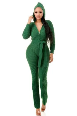 Thick Knit Green Long Sleeve Hooded Jumpsuit