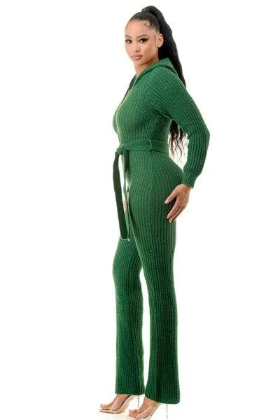 Thick Knit Green Long Sleeve Hooded Jumpsuit