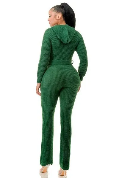 Thick Knit Green Long Sleeve Hooded Jumpsuit