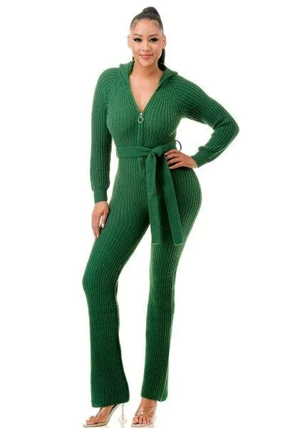 Thick Knit Green Long Sleeve Hooded Jumpsuit