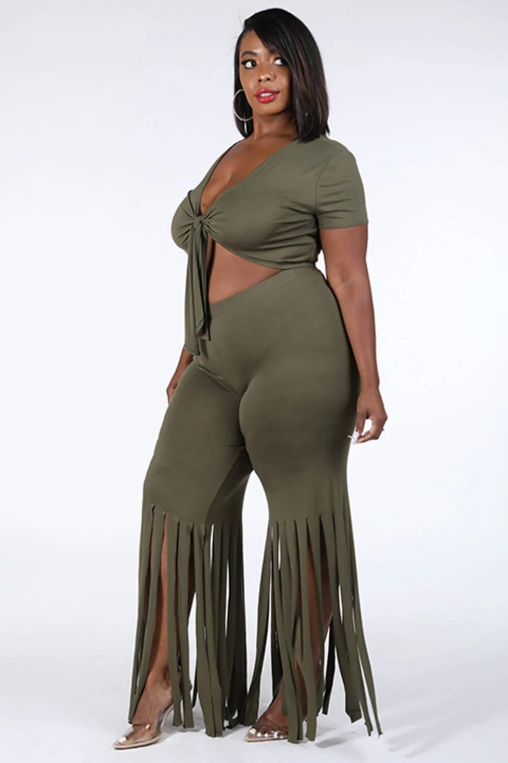 Tie Front Top & Fringe Hem Pants Set