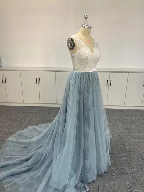 Tulle Embroidered Ombre Soft Lace V-neck Prom Dresses Formal Dresses,MP515