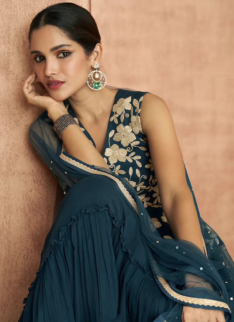 Turquoise Embroidered Peplum Style Lehenga Choli