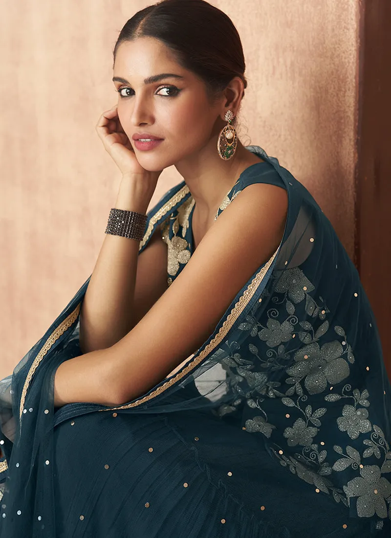 Turquoise Embroidered Peplum Style Lehenga Choli