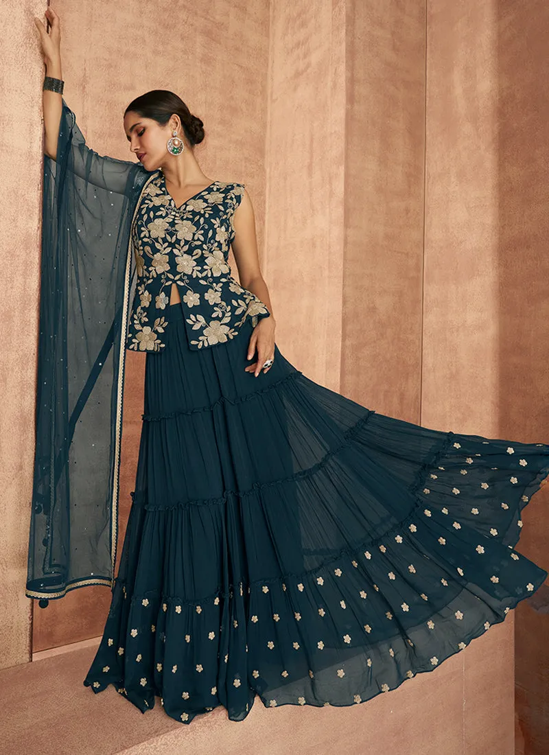 Turquoise Embroidered Peplum Style Lehenga Choli