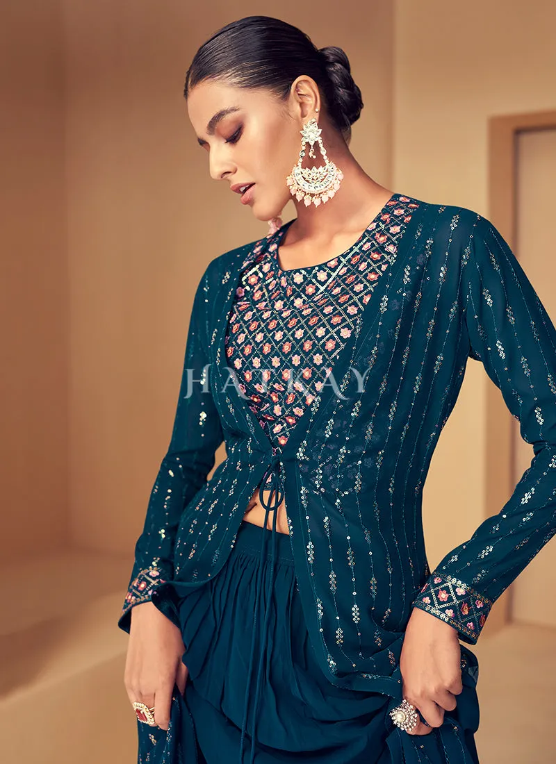 Turquoise Sequence Embroidered Jacket Style Gharara Suit