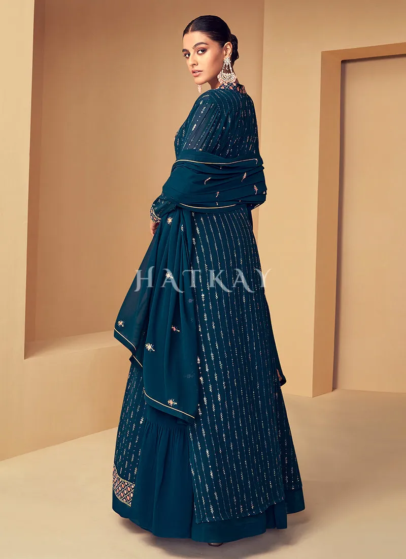 Turquoise Sequence Embroidered Jacket Style Gharara Suit
