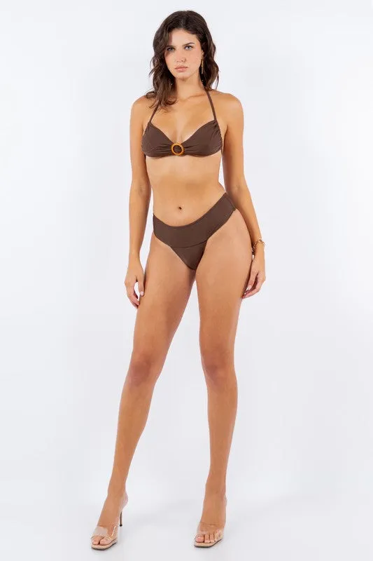 TWO PIECE HALTER WITH ROUND WOODEN ORNAMENT BIKINI