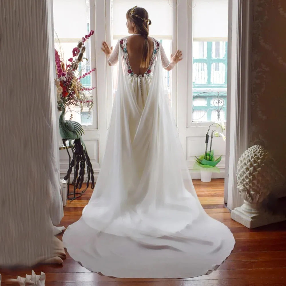 Two Pieces Dotted Tulle Wedding Dress Removale Chiffon Cape Train Satin Embroidered Flowers Backless Customized Bridal Gowns