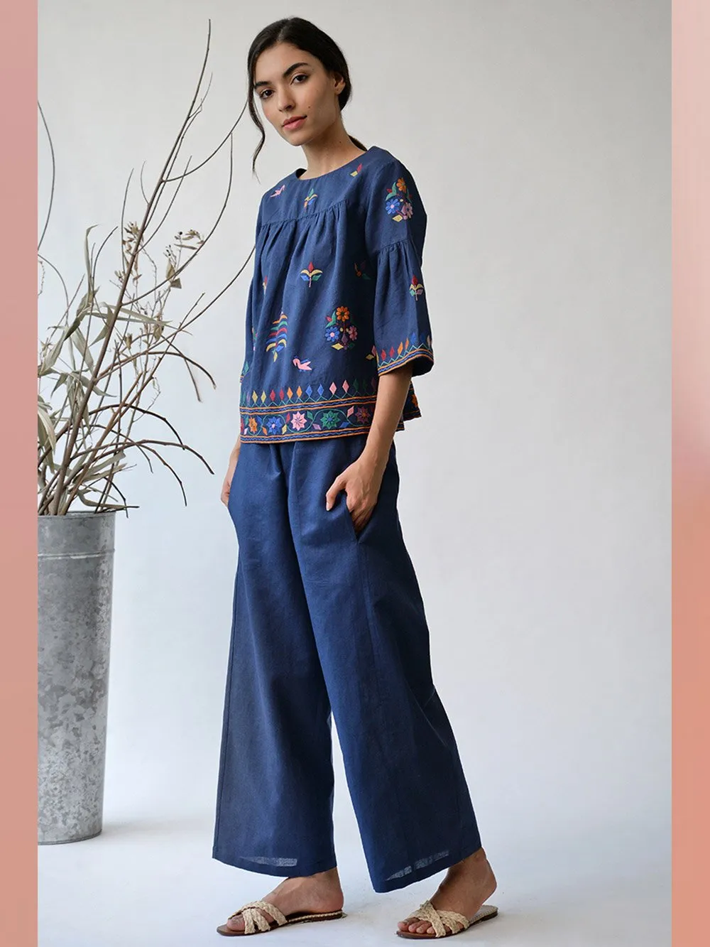 UMBAR by Payal Pratap   I   Top Dholavira    I    An Embroidered Top With Subtle And Special Multicolour Threadwork Inspired From The Kutch Region With Peplum Sleeves And An Easy Fit  I  An All Year Staple For Your Day Wear Wardrobe