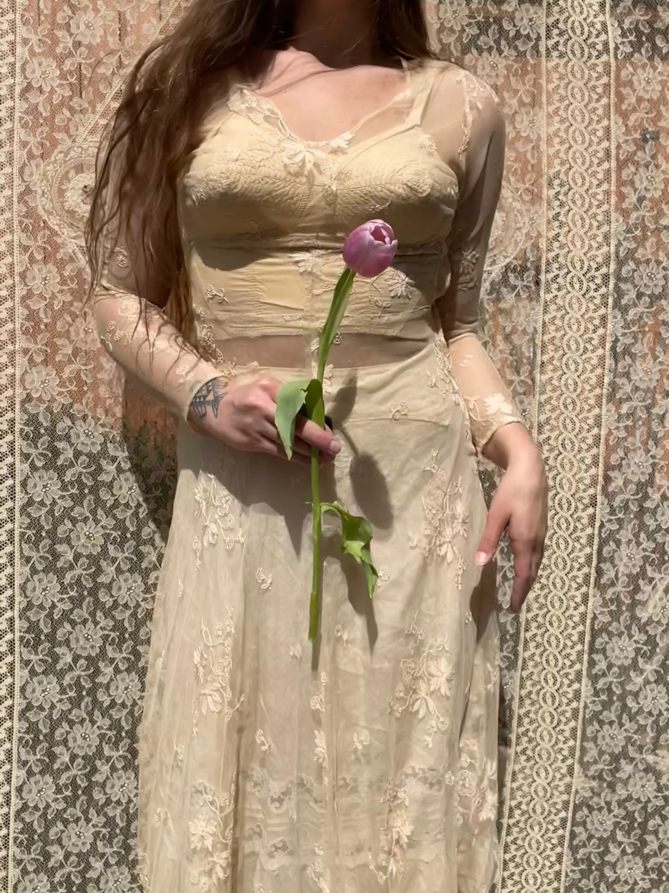 Unique 1930s Embroidered Net Lace Midi Dress