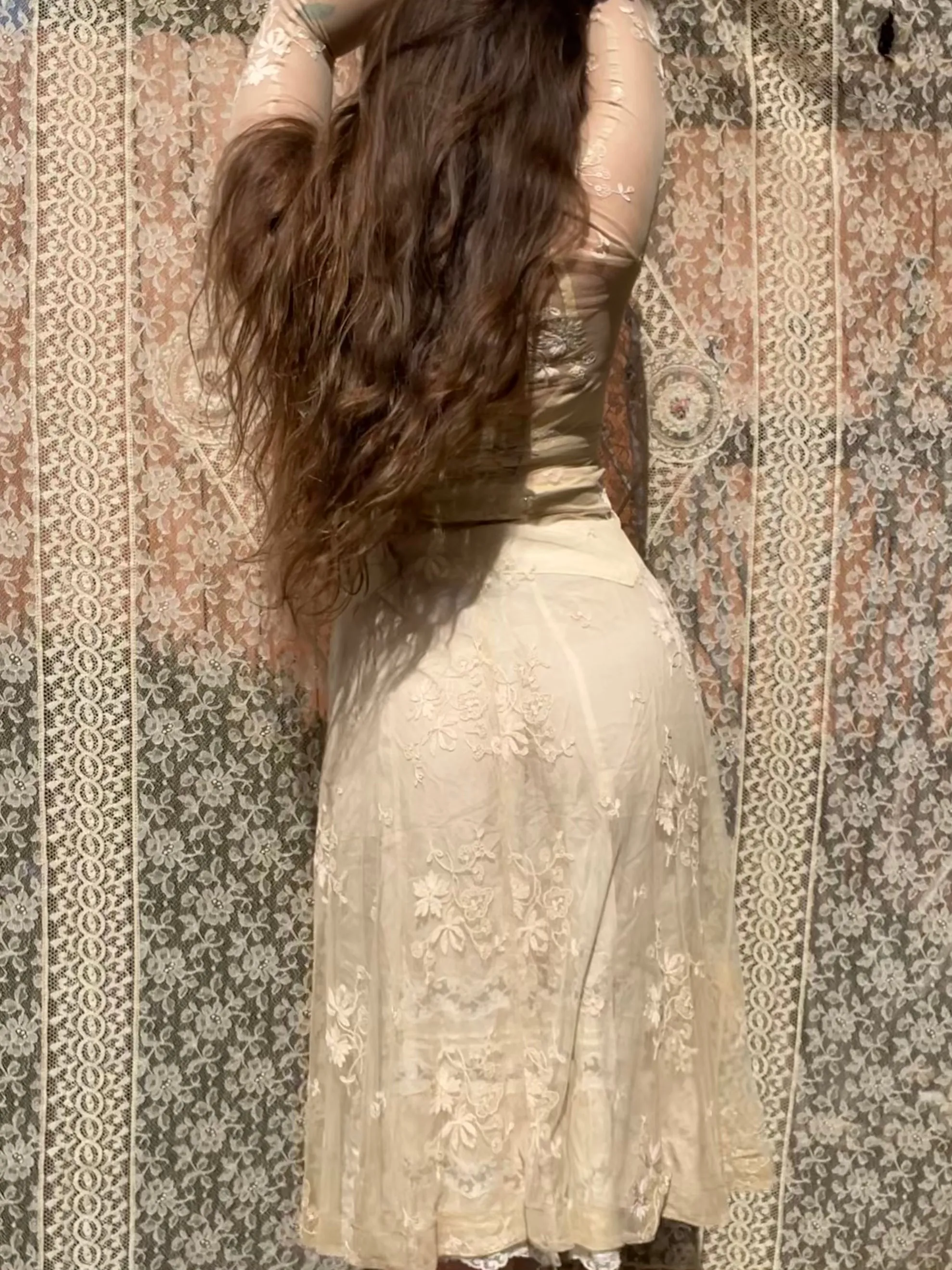 Unique 1930s Embroidered Net Lace Midi Dress