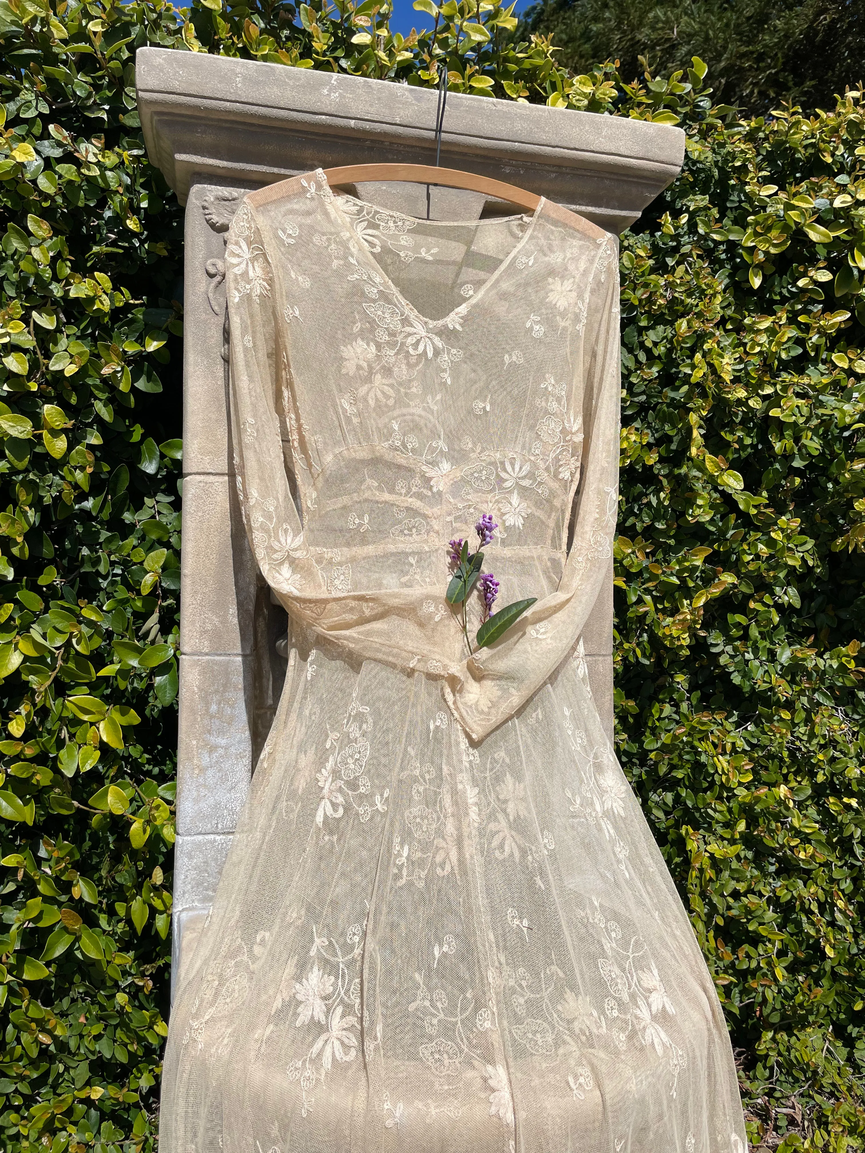 Unique 1930s Embroidered Net Lace Midi Dress