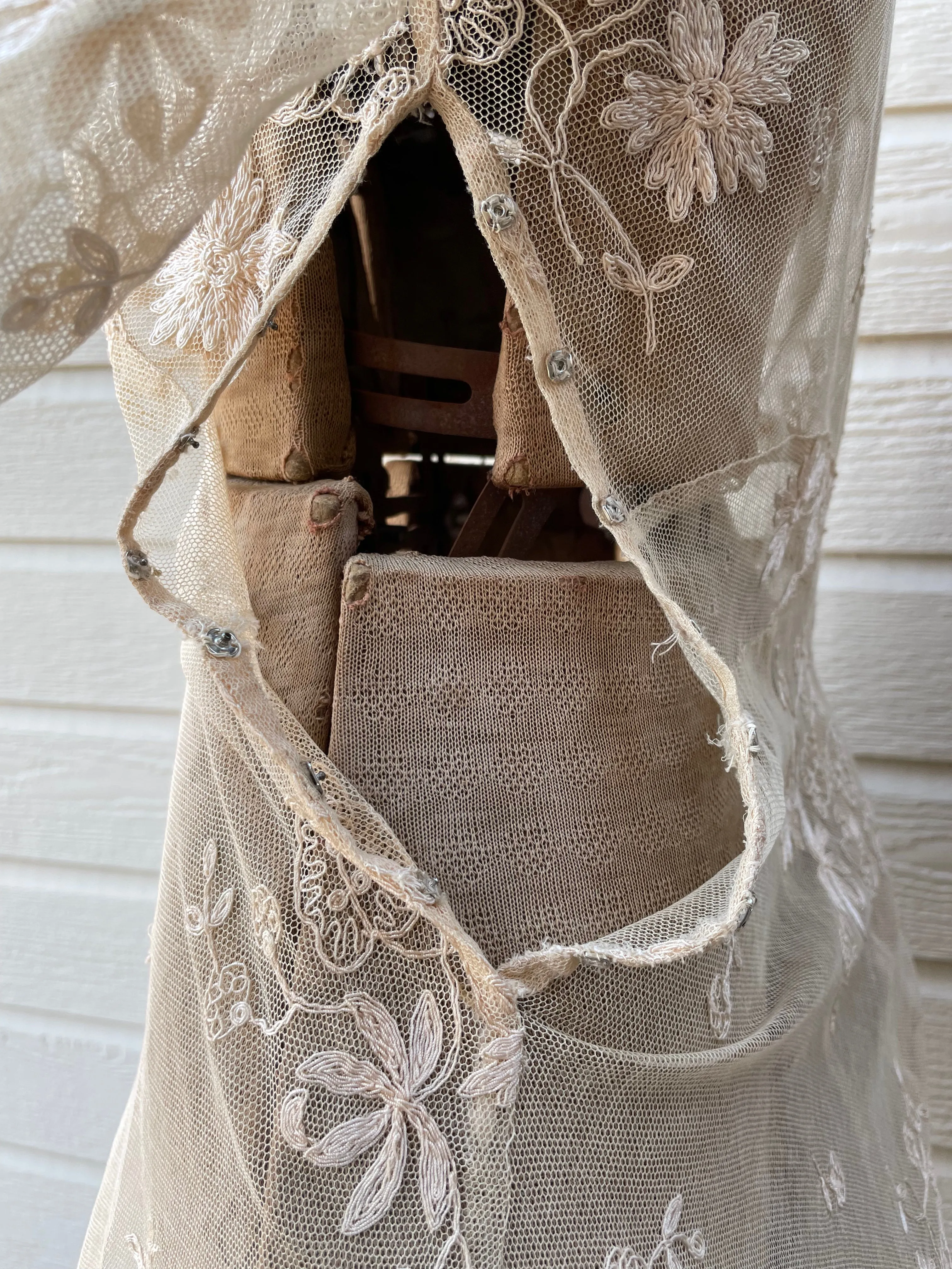 Unique 1930s Embroidered Net Lace Midi Dress