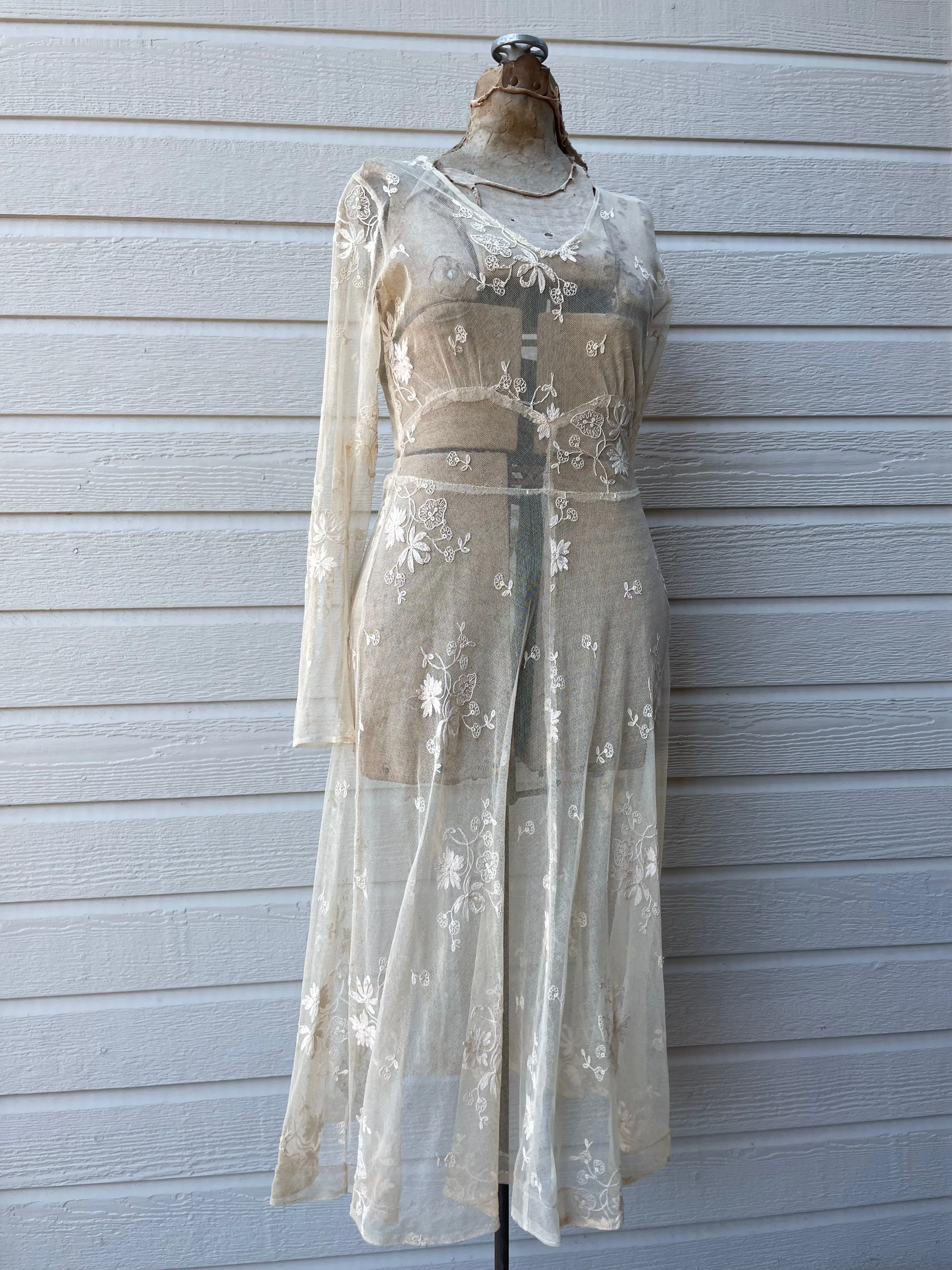 Unique 1930s Embroidered Net Lace Midi Dress