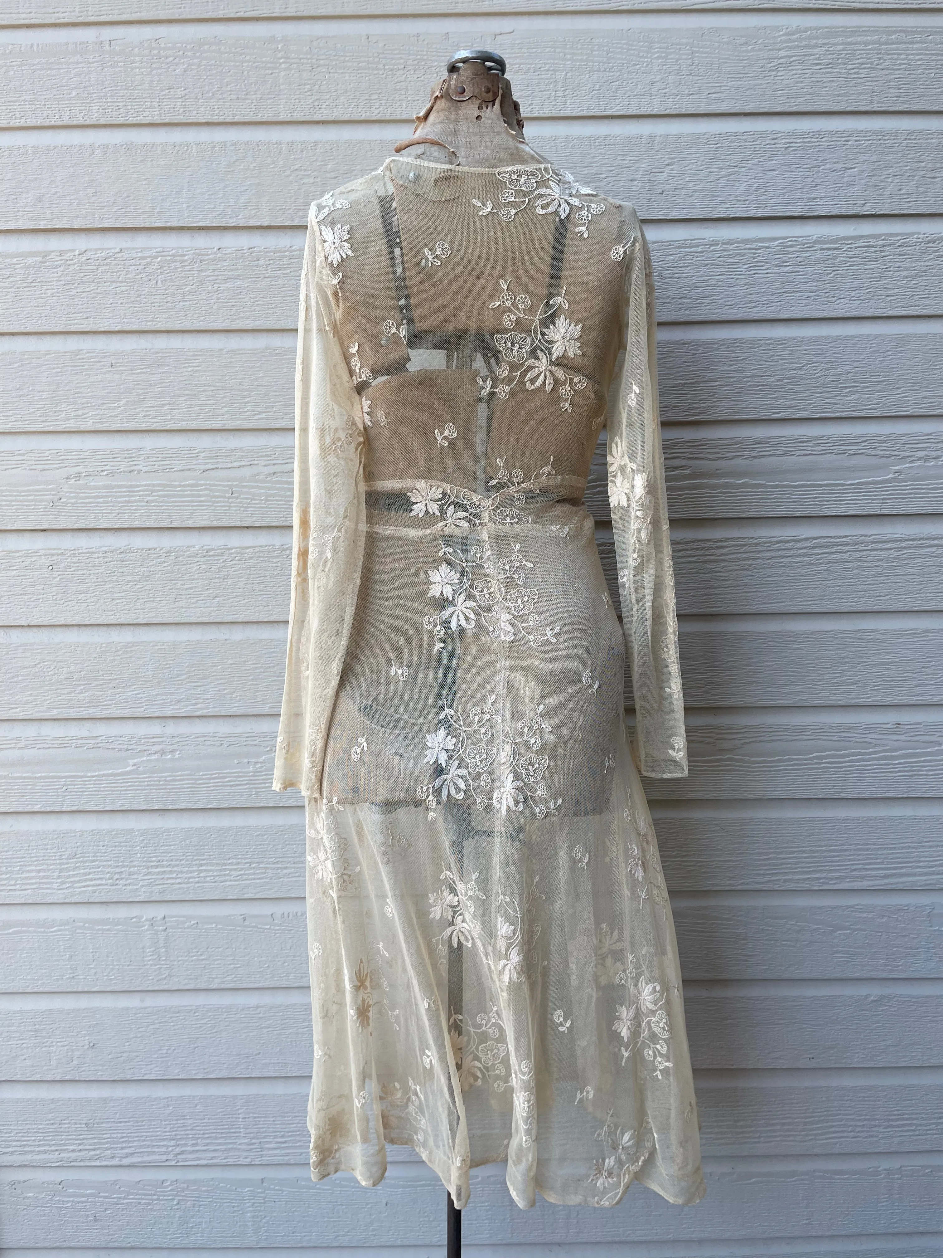 Unique 1930s Embroidered Net Lace Midi Dress