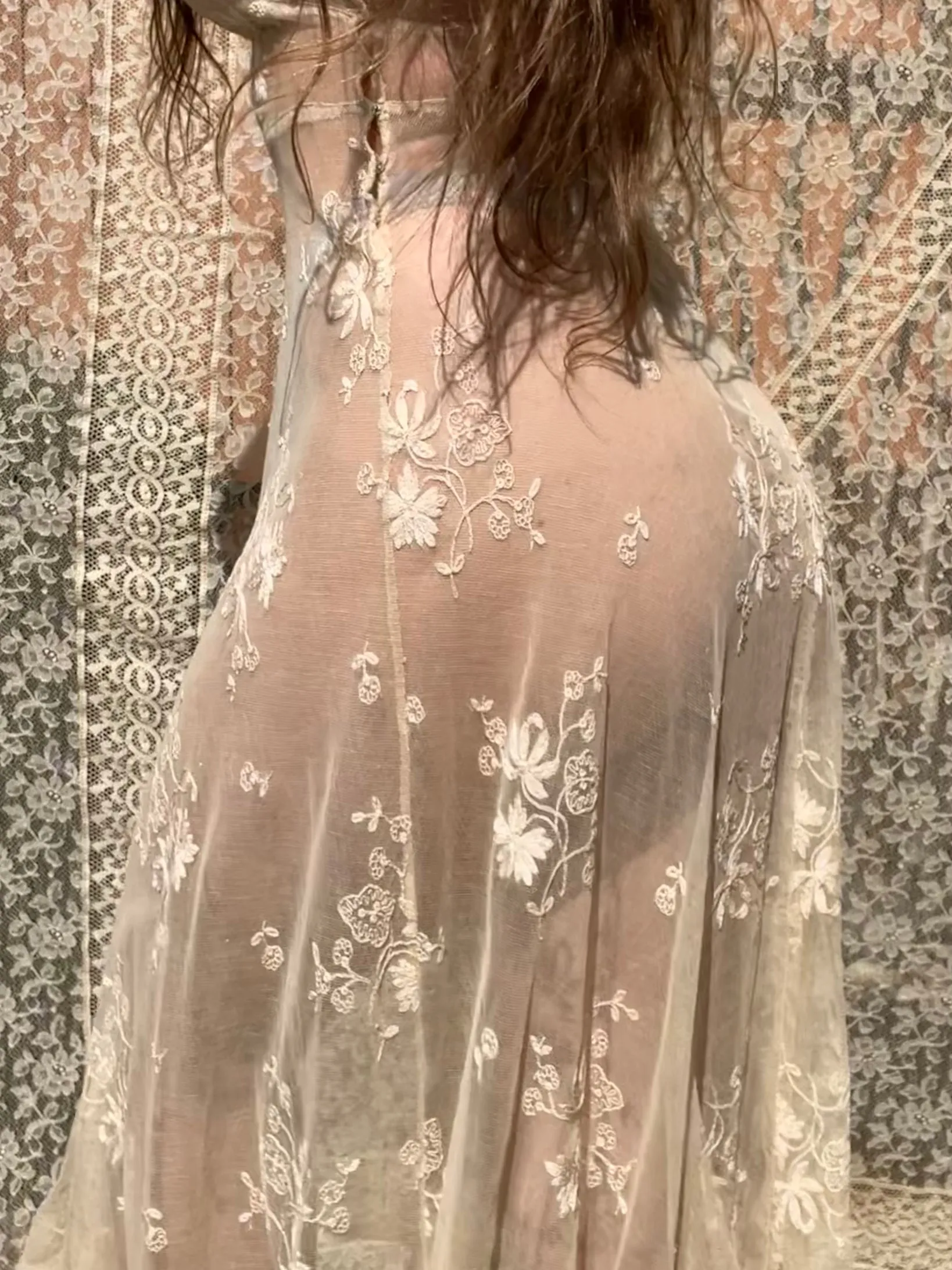 Unique 1930s Embroidered Net Lace Midi Dress