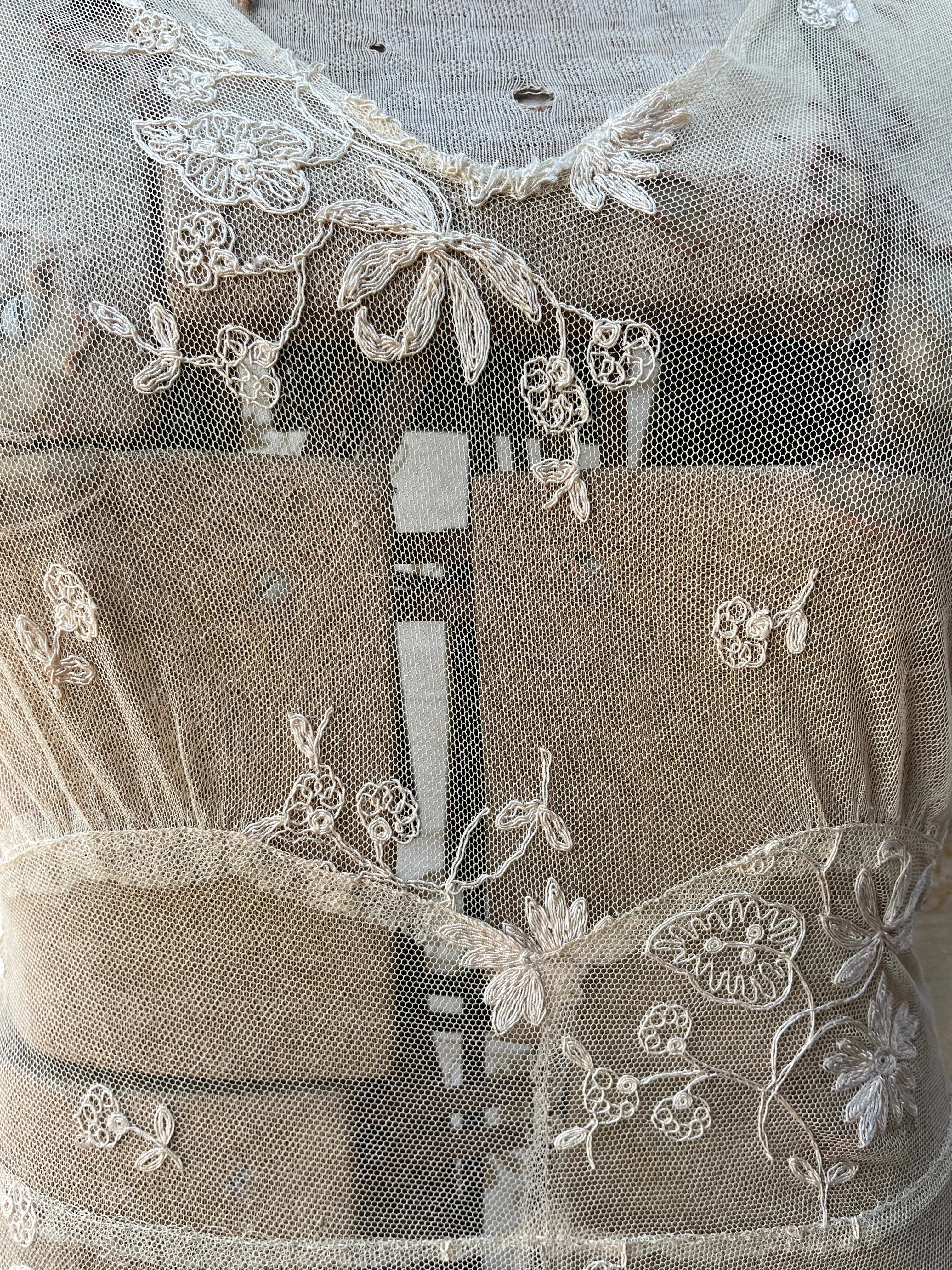Unique 1930s Embroidered Net Lace Midi Dress