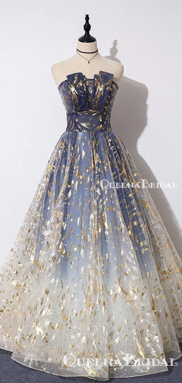 Unique A Line Strapless Ombre Long Cheap Ball Gown Prom Dresses, Stunning Party Dresses With Lace Applique, PDS0053