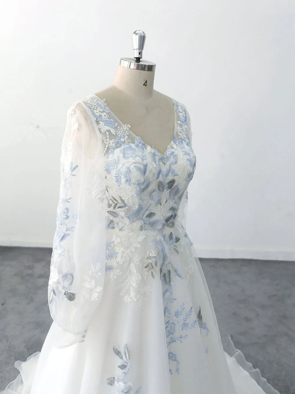 Unique Blue Floral Lace Wedding Dress with Bishop Sleeves ET3072