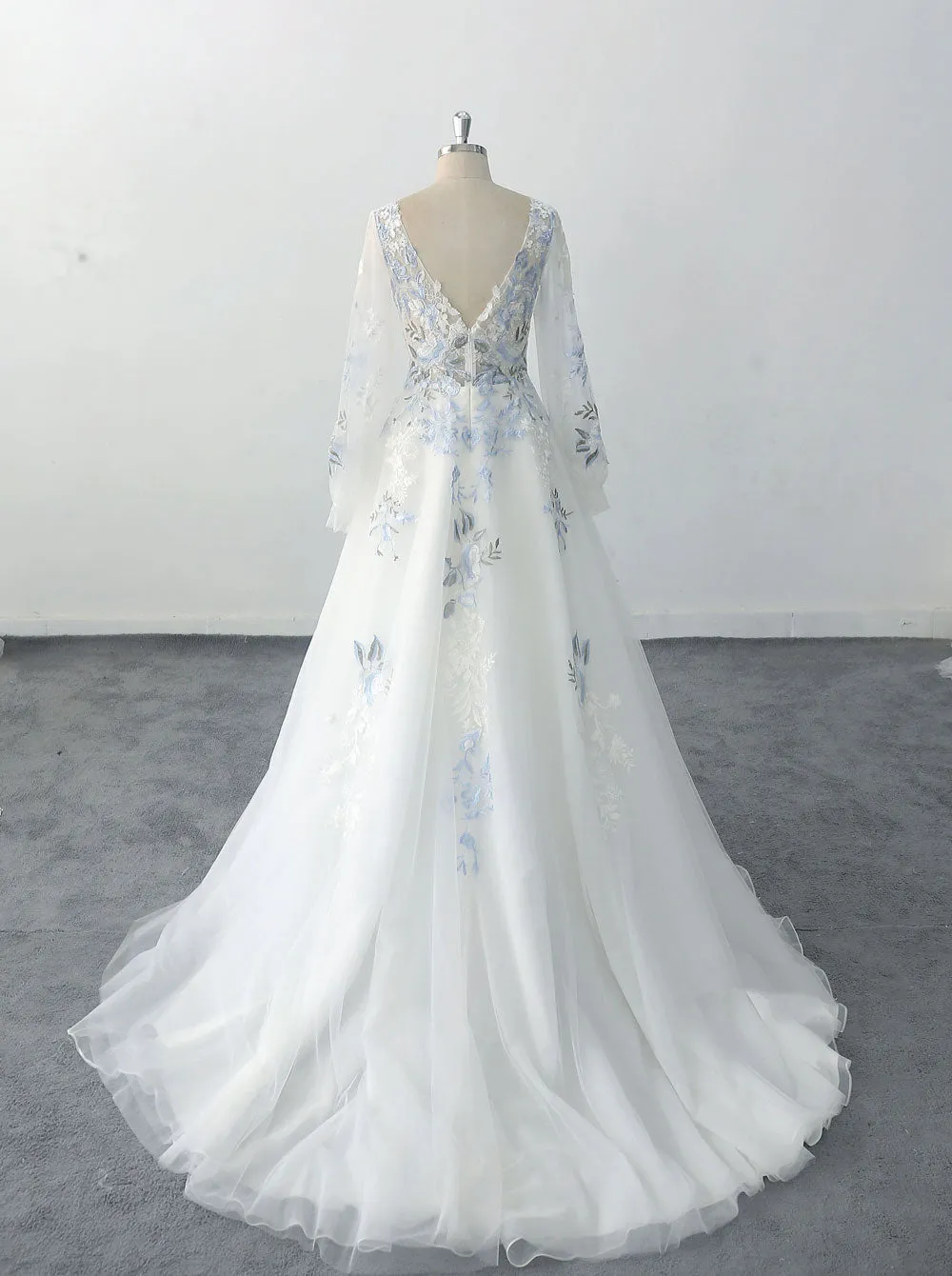 Unique Blue Floral Lace Wedding Dress with Bishop Sleeves ET3072