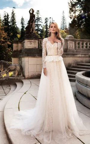 V-neck Long Lace Sleeve Low V Back Dress With Peplum&Crystal Detailing-714104