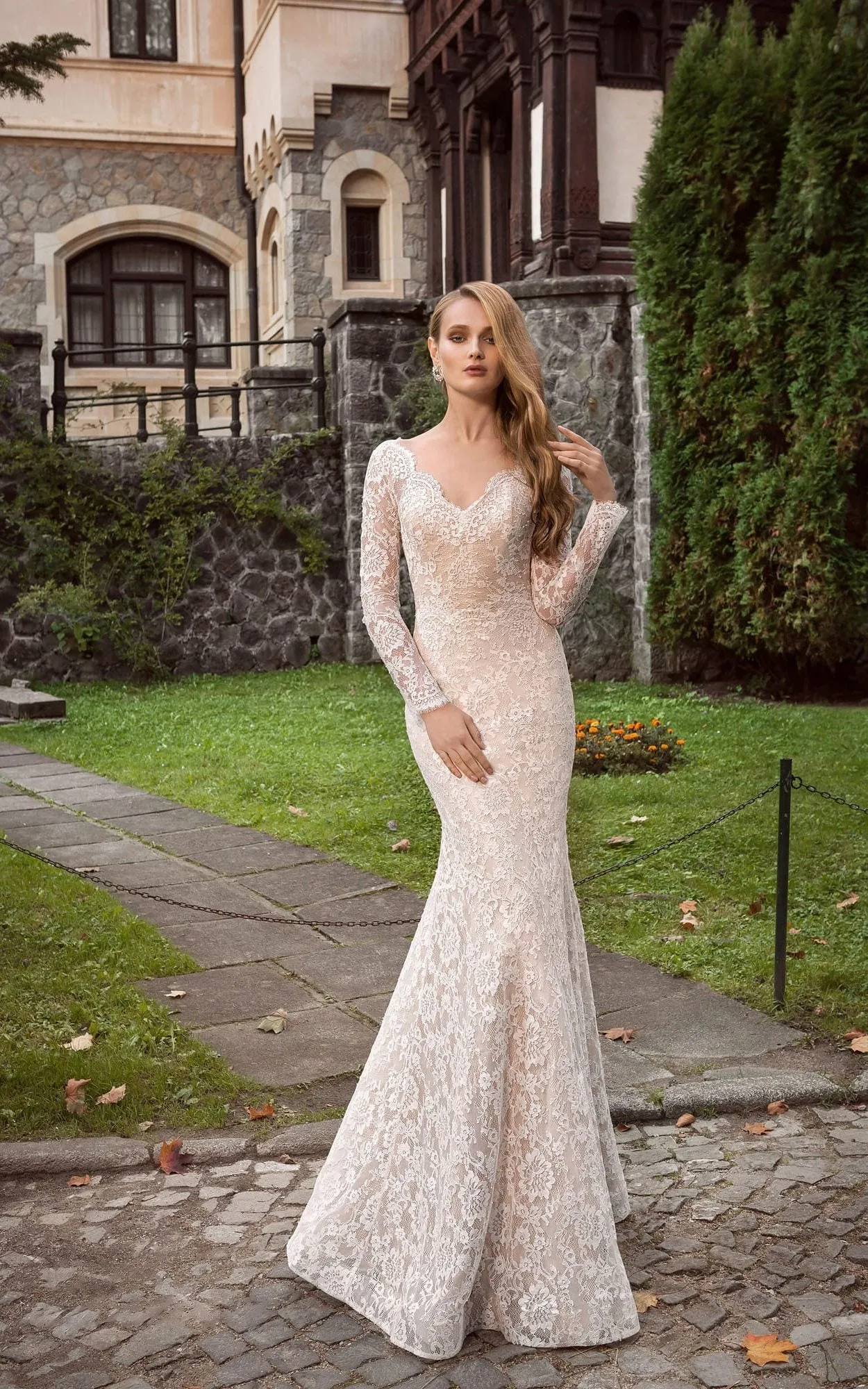 V-neck Long Lace Sleeve Low V Back Dress With Peplum&Crystal Detailing-714104