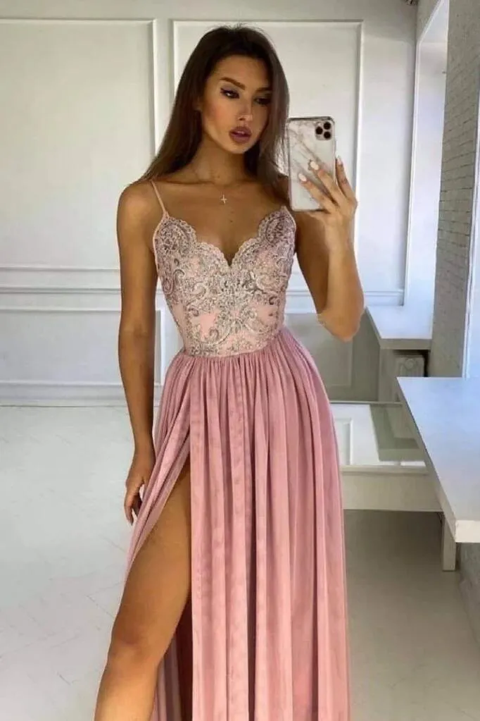 V Neck Pink Lace Long Prom Dresses, V Neck Pink Lace Long Bridesmaid Dresses, Lace Pink Formal Evening Dresses