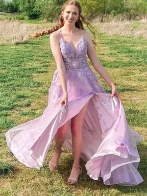 V Neck Purple Lace Long Backless Long Prom Dresses, V Neck Lilac Lace Open Back Formal Evening Dresses