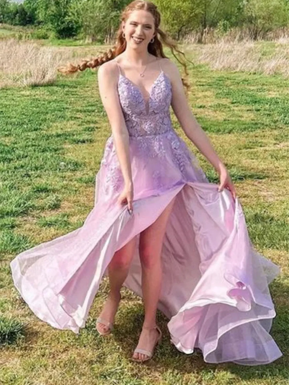 V Neck Purple Lace Long Backless Long Prom Dresses, V Neck Lilac Lace Open Back Formal Evening Dresses