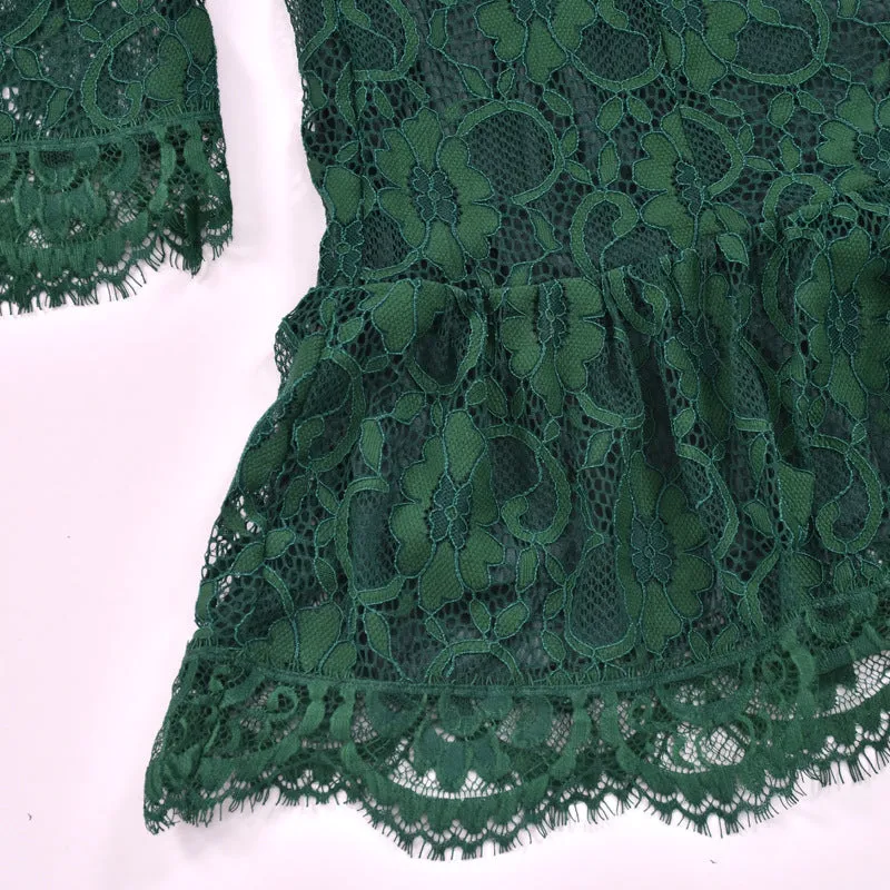 V-neck Ruffled Flared Sleeve Lace Mini Dresses
