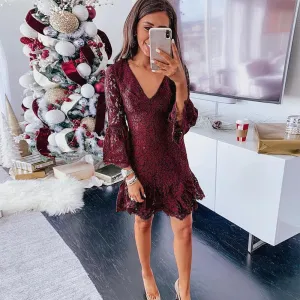 V-neck Ruffled Flared Sleeve Lace Mini Dresses