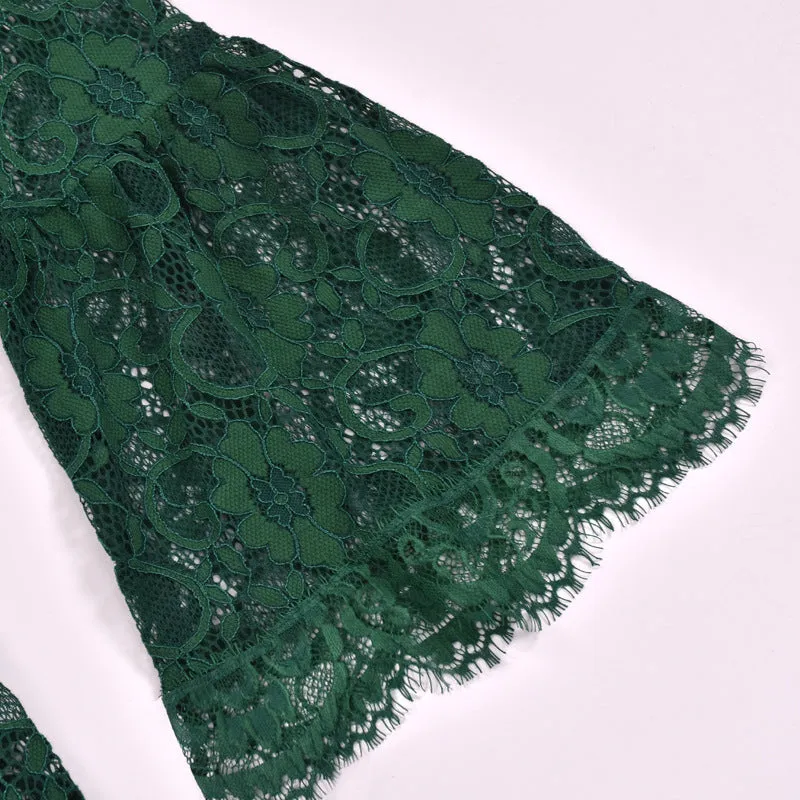 V-neck Ruffled Flared Sleeve Lace Mini Dresses