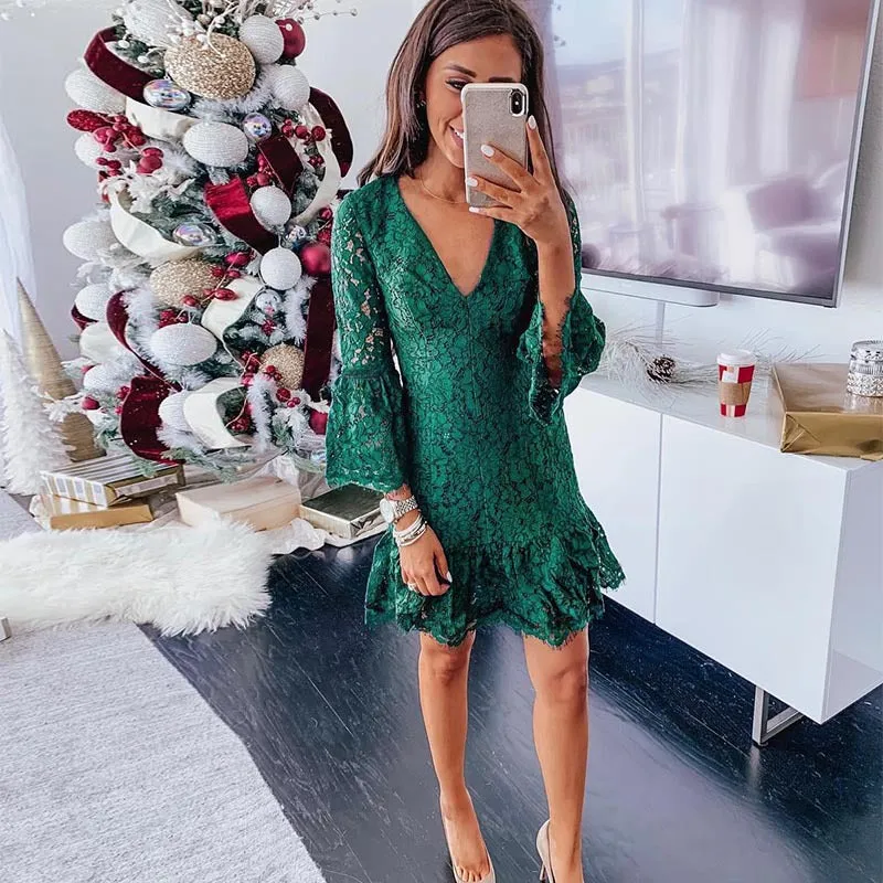 V-neck Ruffled Flared Sleeve Lace Mini Dresses