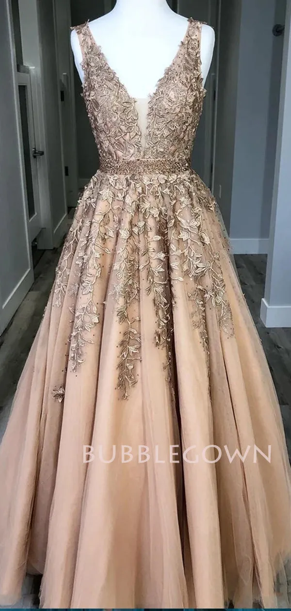 V-neck Tulle Floor Length Lace A-line Long Evening Prom Dresses, Cheap Custom Prom Dresses, MR7184