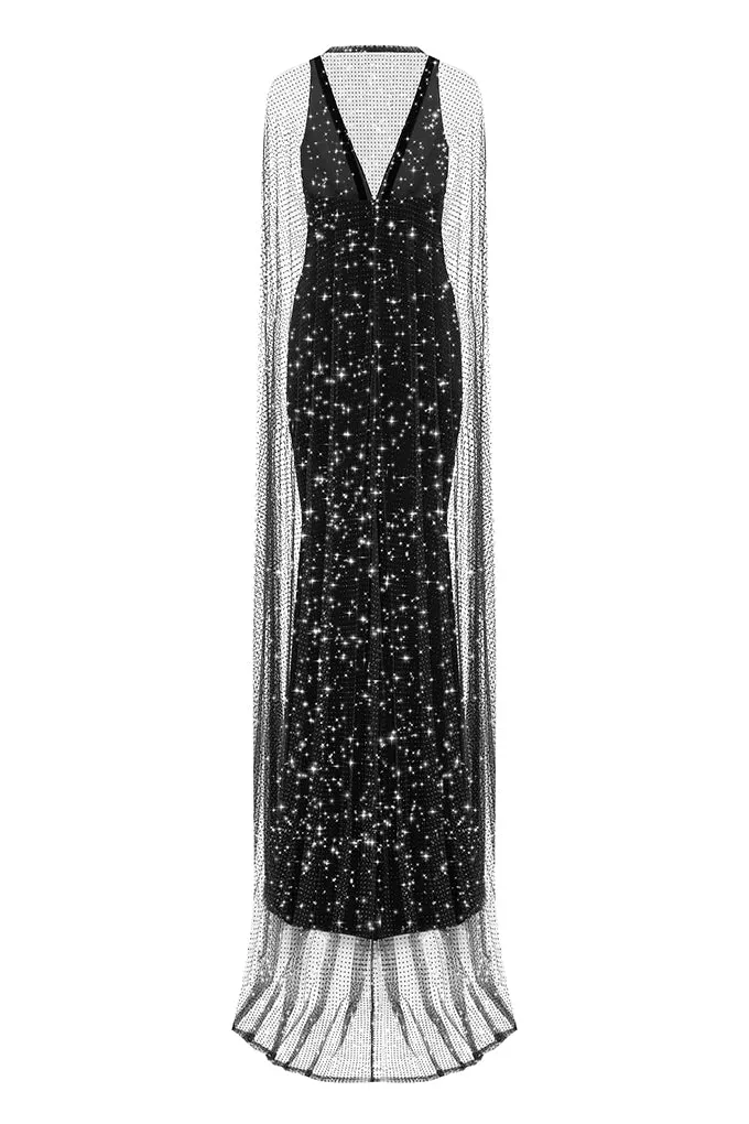 Velvet dress and flowing cape with sparkling crystals     Maison D'Angel Ann