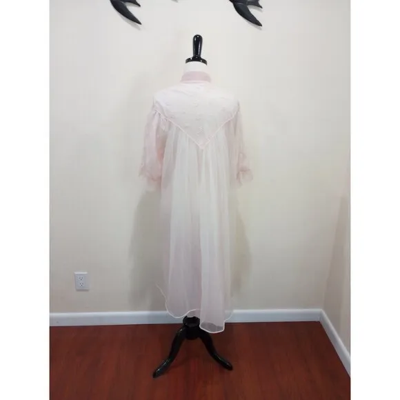 Vintage 1950's Pink Double Layer Sheer Chiffon &amp; Lace Peignoir Robe Bow Tie - M
