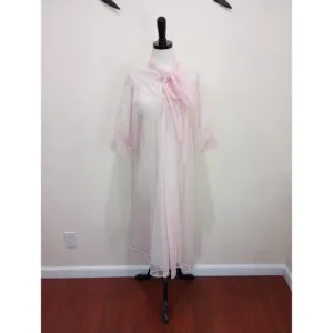 Vintage 1950's Pink Double Layer Sheer Chiffon &amp; Lace Peignoir Robe Bow Tie - M