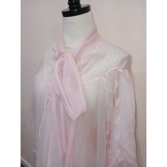 Vintage 1950's Pink Double Layer Sheer Chiffon &amp; Lace Peignoir Robe Bow Tie - M