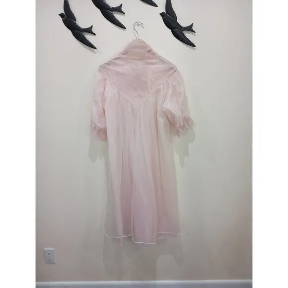 Vintage 1950's Pink Double Layer Sheer Chiffon &amp; Lace Peignoir Robe Bow Tie - M