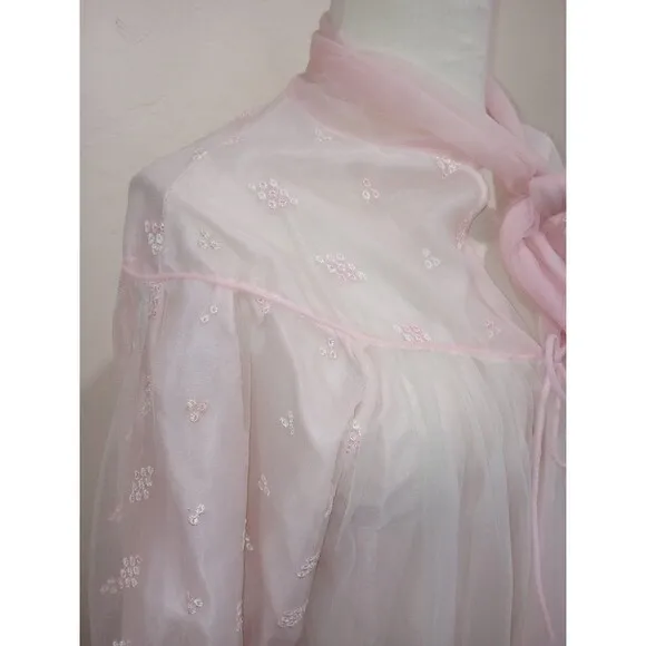 Vintage 1950's Pink Double Layer Sheer Chiffon &amp; Lace Peignoir Robe Bow Tie - M