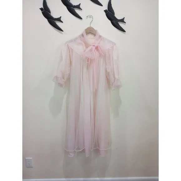 Vintage 1950's Pink Double Layer Sheer Chiffon &amp; Lace Peignoir Robe Bow Tie - M