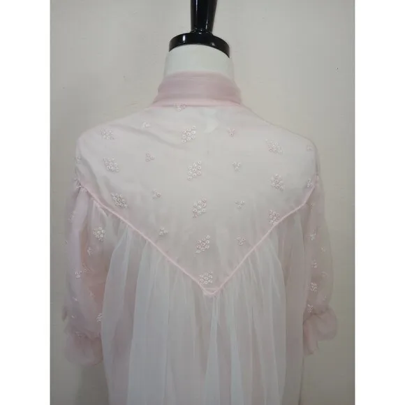 Vintage 1950's Pink Double Layer Sheer Chiffon &amp; Lace Peignoir Robe Bow Tie - M