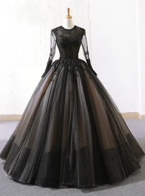Vintage Black Tulle Lace Long Sleeve Floor Length Wedding Dresses