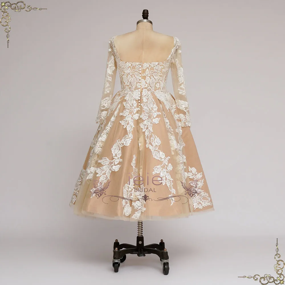 Vintage Champagne Short Lace Wedding Dress with Sleeves | GLEN