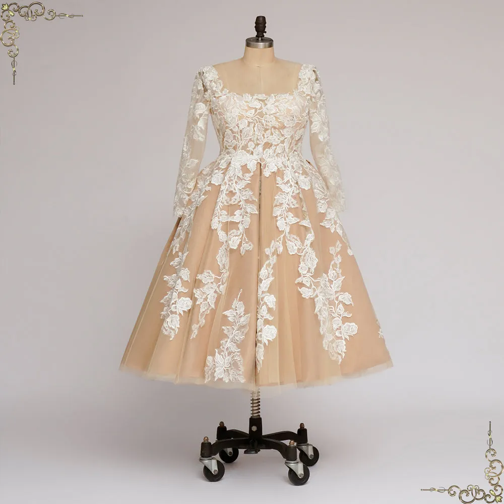 Vintage Champagne Short Lace Wedding Dress with Sleeves | GLEN